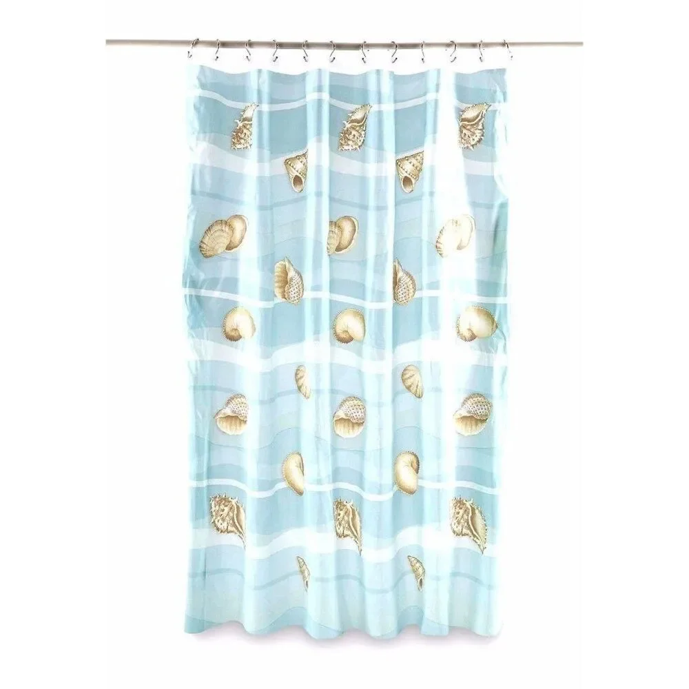 Shell Stripe Vinyl Shower Curtain Nautical Ocean Seaside Wipe Clean 70 x 72 NIP